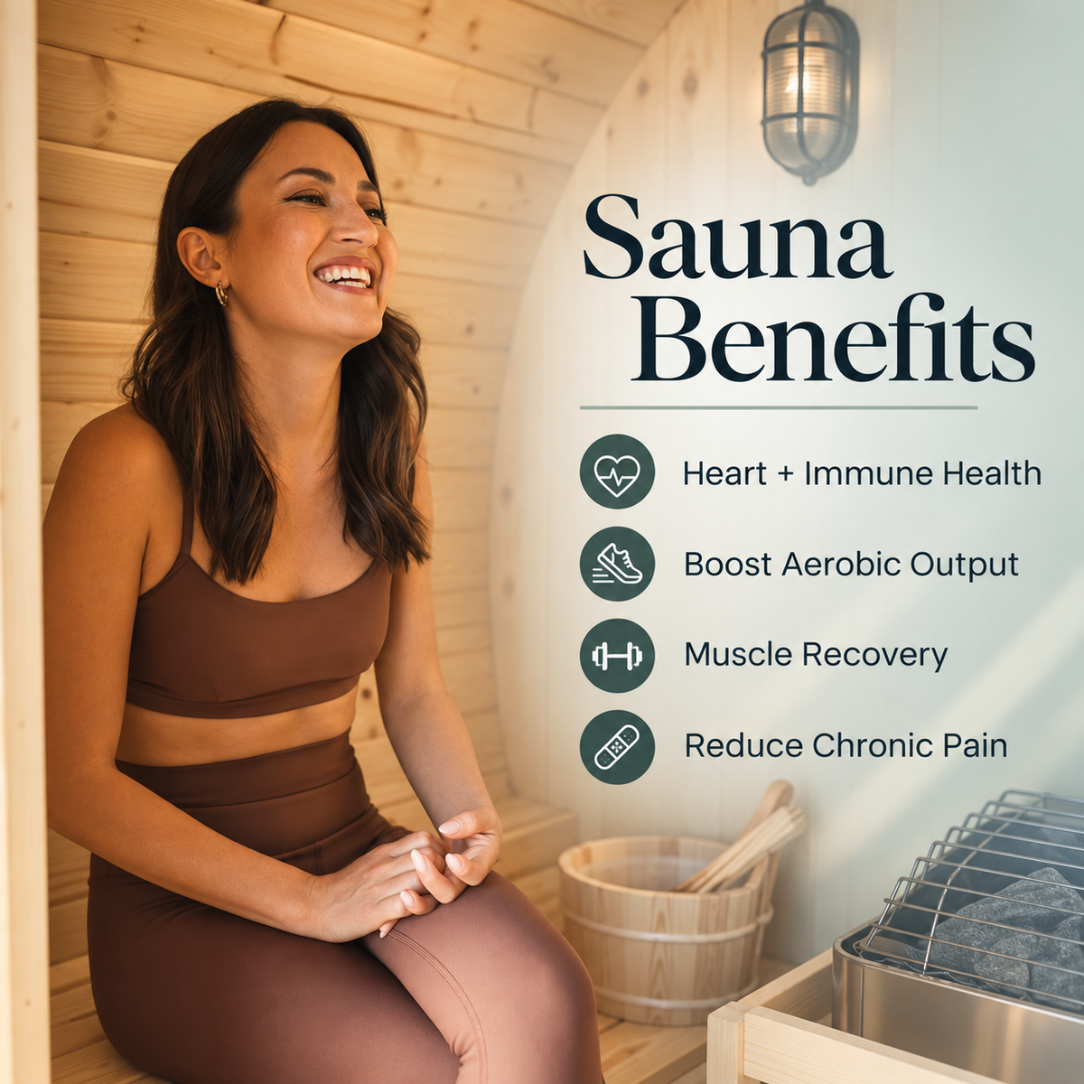 Woman relaxing inside the ALEKO Celasia traditional outdoor sauna with Harvia heater and wellness benefits graphic