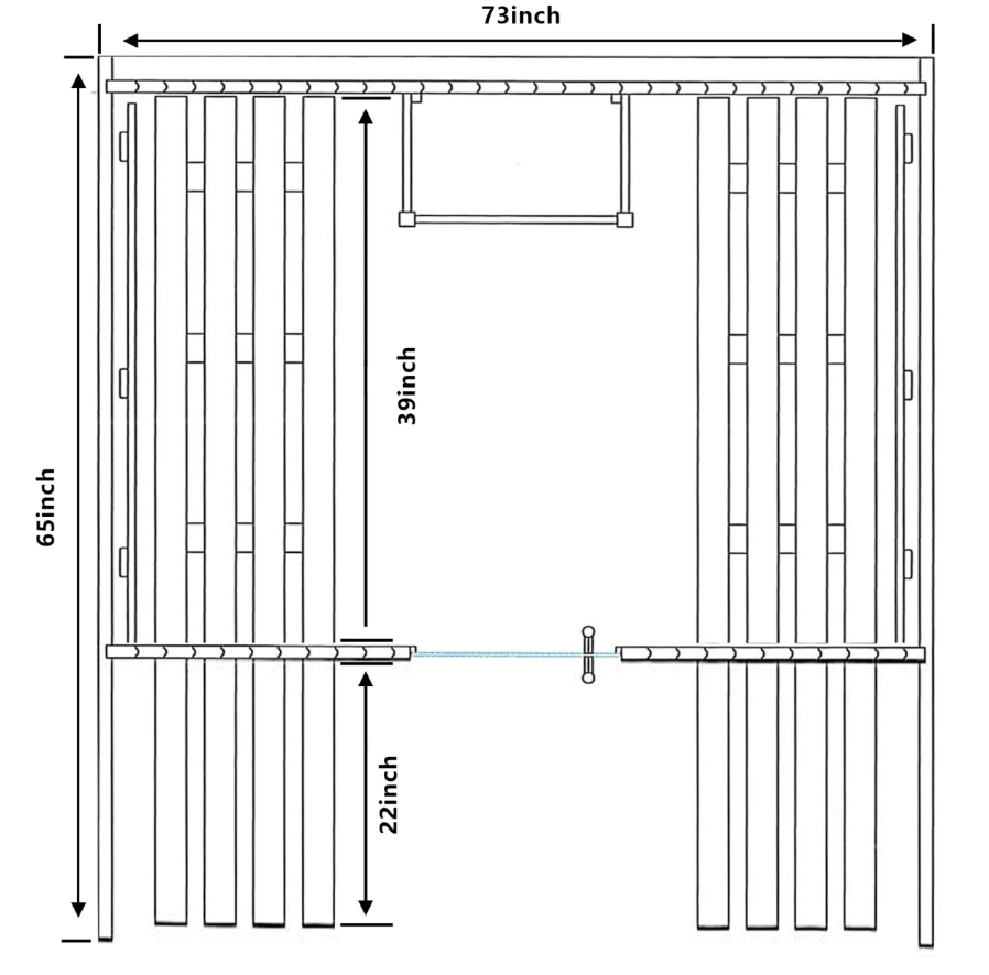 ALEKO Celasia interior layout diagram showing 73-inch width, 65-inch depth, 39-inch interior bench length, and 22-inch porch bench length