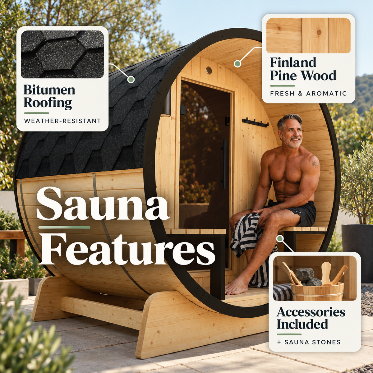 ALEKO Celasia outdoor barrel sauna features graphic highlighting Finland pine construction, weather-resistant roofing, included accessories, and sauna stones