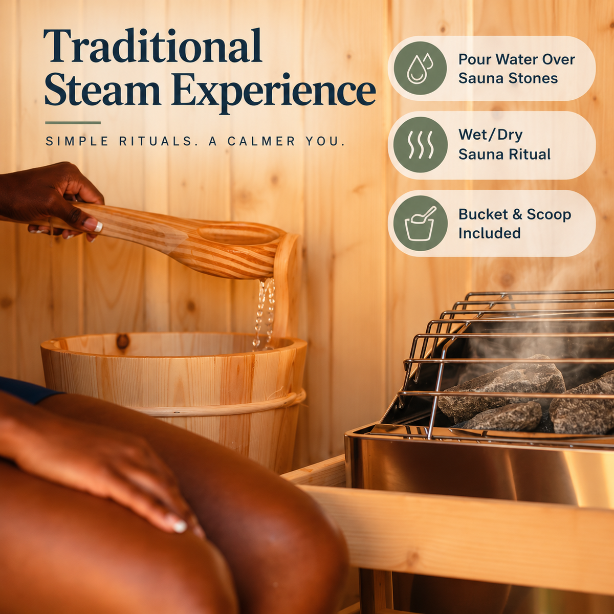 ALEKO Celasia traditional wet/dry sauna graphic showing water poured over sauna stones, steam, and included bucket and scoop