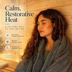 Woman relaxing inside the ALEKO Celasia traditional sauna with warm Finland pine interior and restorative heat wellness graphic