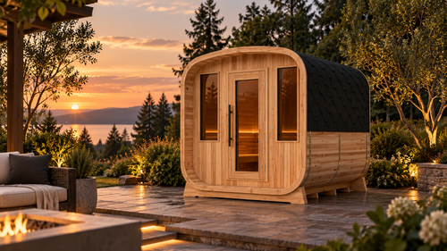 ALEKO Arnica 6-Person Rustic Cedar Outdoor Sauna in a landscaped backyard at sunset with lake views and warm interior lighting