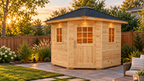 Outdoor Thermowood sauna installed in a landscaped suburban backyard at sunset.