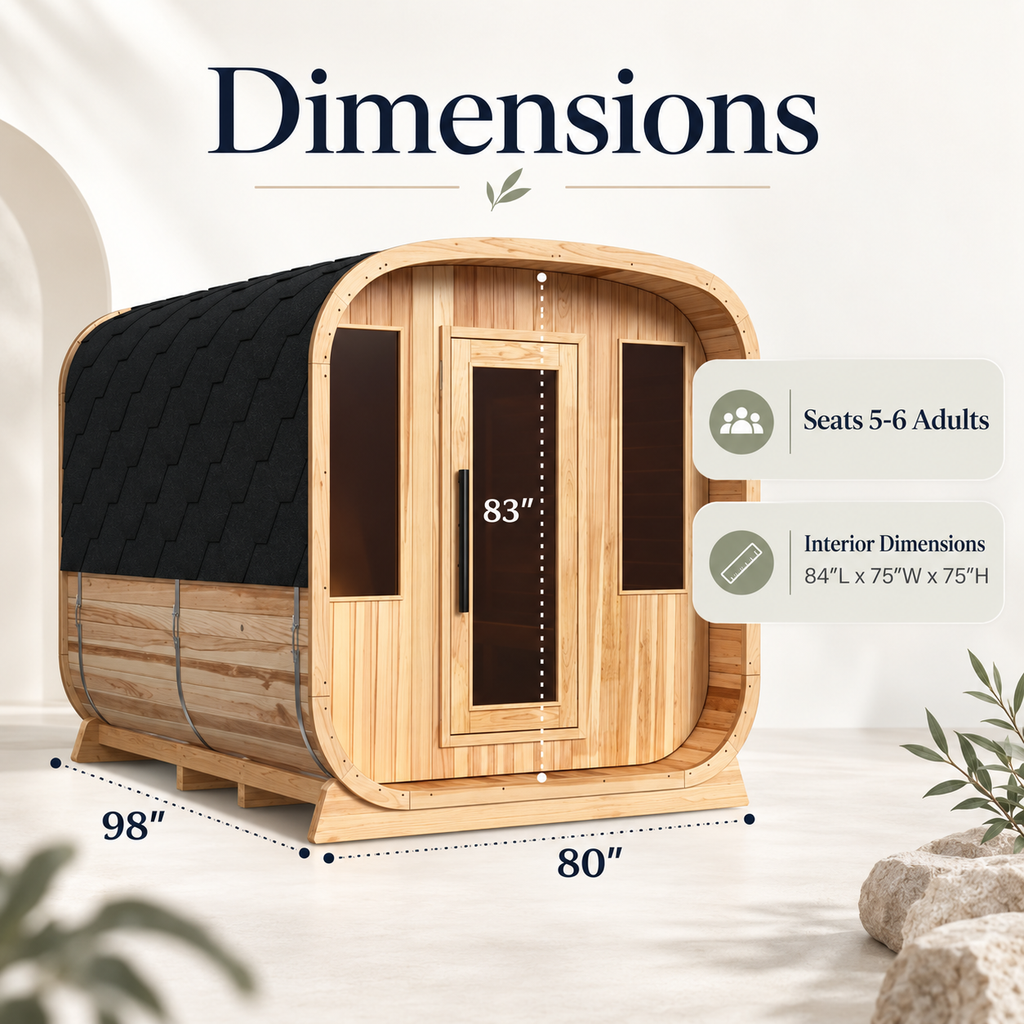 ALEKO Arnica 6-Person Rustic Cedar Outdoor Sauna dimensions graphic showing 98-inch length, 80-inch width, 83-inch height, 84 x 75 x 75-inch interior, and seating for 5–6 adults