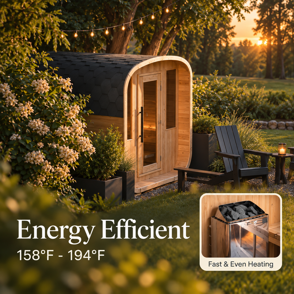 ALEKO Arnica 6-Person Rustic Cedar Outdoor Sauna energy-efficient design graphic showing 158–194°F temperature range, warm outdoor setting, and Harvia heater inset