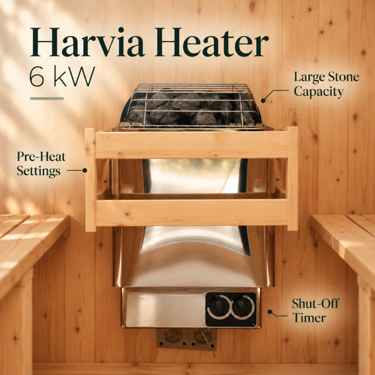 ALEKO Arnica 6-Person Rustic Cedar Outdoor Sauna 6 kW Harvia heater graphic highlighting sauna stones, preheat settings, and shut-off timer