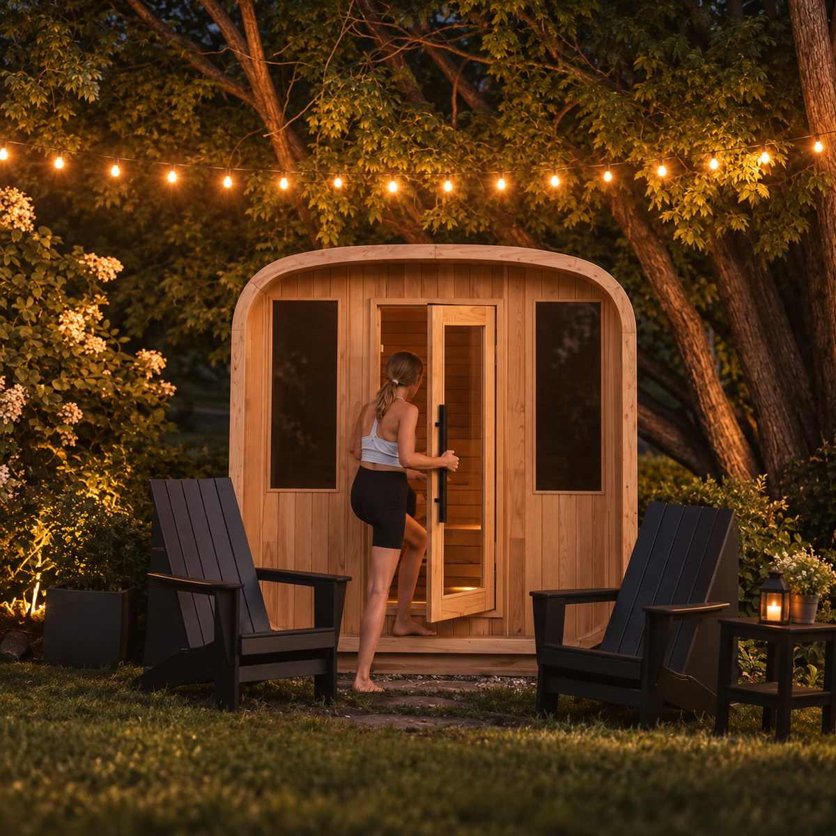 Woman entering the ALEKO Arnica 6-Person Rustic Cedar Outdoor Sauna at dusk with warm interior lighting, string lights, and outdoor lounge chairs