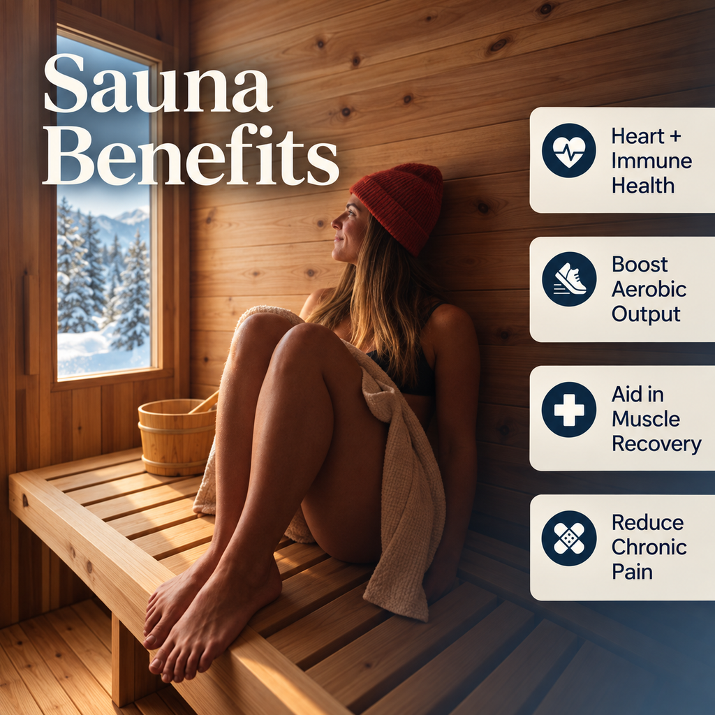 Woman relaxing inside the ALEKO Arnica rustic cedar outdoor sauna with sauna wellness benefits graphic highlighting heart health, aerobic performance, muscle recovery, and chronic pain relief