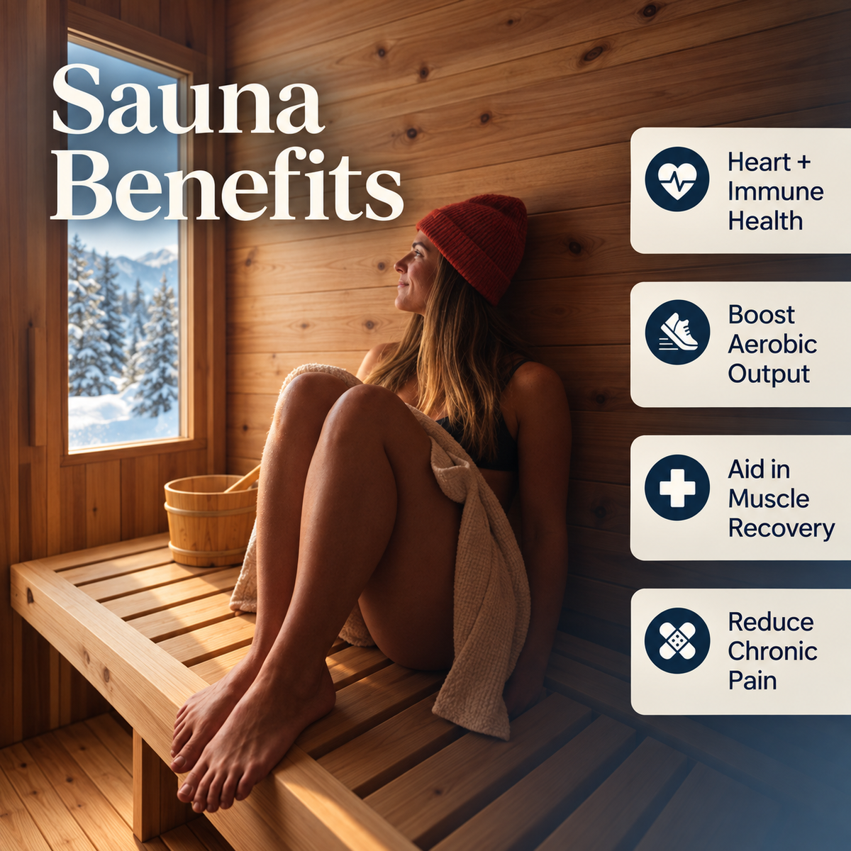 Woman relaxing inside the ALEKO Arnica rustic cedar outdoor sauna with sauna wellness benefits graphic highlighting heart health, aerobic performance, muscle recovery, and chronic pain relief