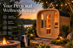 ALEKO Arnica 6-Person Rustic Cedar Outdoor Sauna at sunset with fire pit, lake view, and wellness benefits graphic