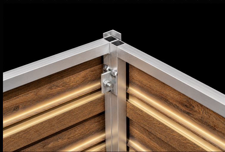 Close-up of the Firefly kitchen island’s interior corner, showing aluminum framing, bolted connections, and horizontal woodgrain cladding.