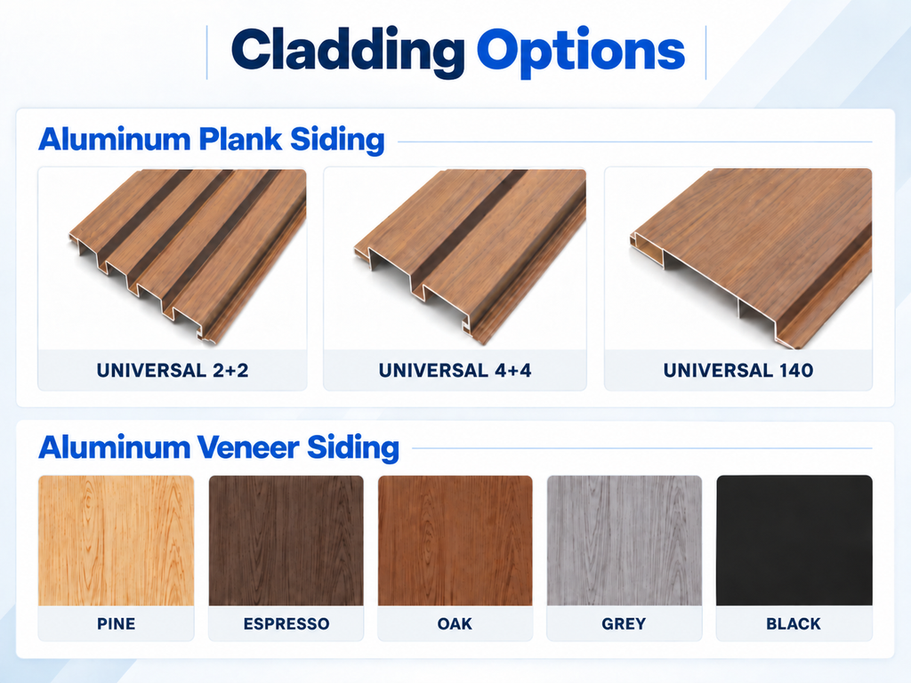 EZ Finish Firefly cladding options showing Universal 2+2, Universal 4+4, and Universal 140 aluminum profiles in Pine, Espresso, Oak, Grey, and Black finishes.