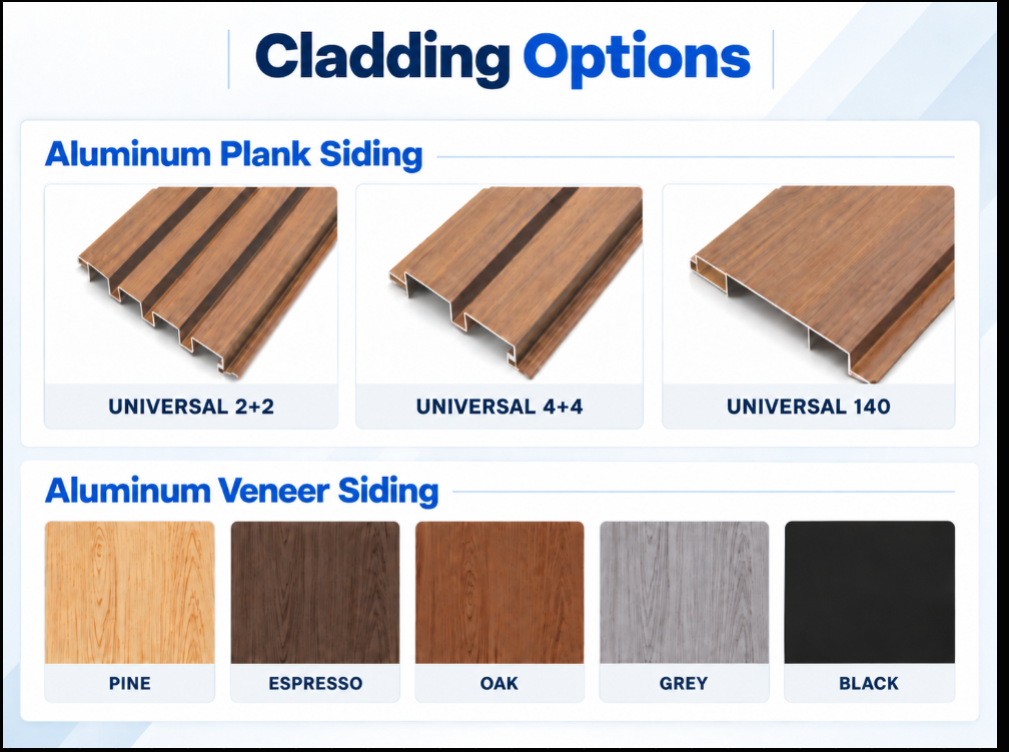 Firefly aluminum cladding options showing Universal 2+2, 4+4, and 140 profiles with Pine, Espresso, Oak, Grey, and Black finishes.
