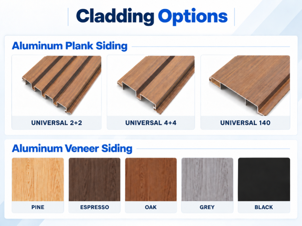 Firefly aluminum cladding options showing Universal 2+2, 4+4, and 140 profiles with Pine, Espresso, Oak, Grey, and Black finishes.