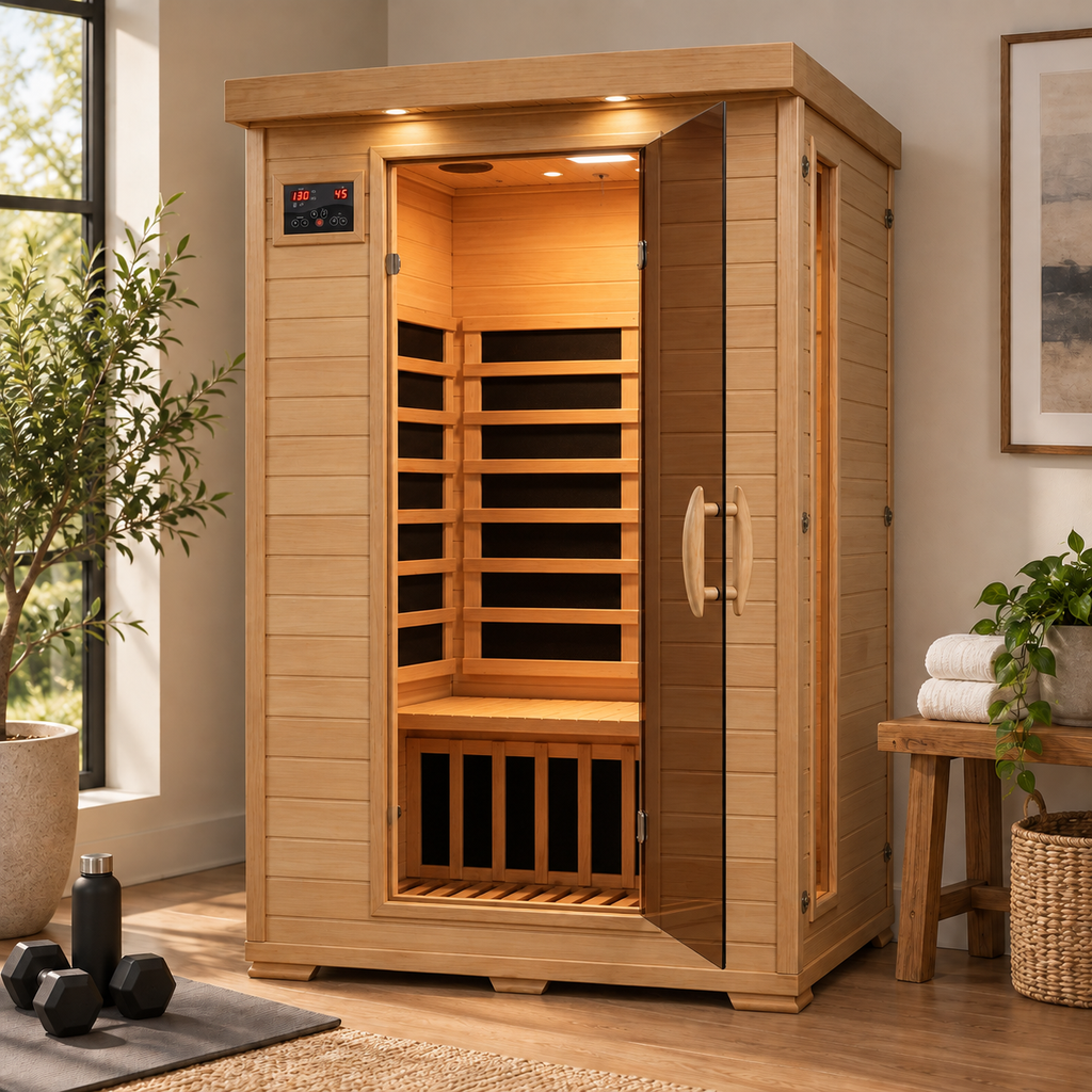 HeatWave Coronado 2-person hemlock infrared sauna in a bright home interior with the glass door open