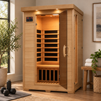 HeatWave Coronado 2-person hemlock infrared sauna in a bright home interior with the glass door open