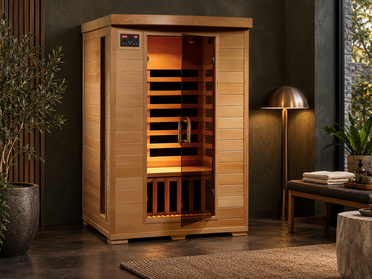 HeatWave Coronado 2-Person Infrared Sauna in a modern dark-toned home wellness room with warm interior lighting