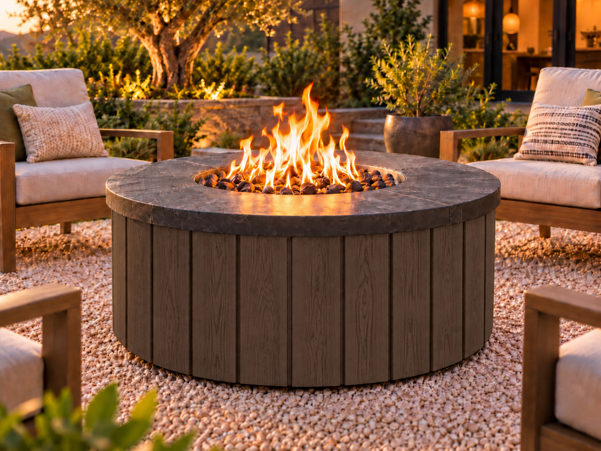 EZ Finish Firefly 48-inch round fire pit with Universal 140 aluminum cladding in Espresso finish, shown lit in an outdoor patio setting.