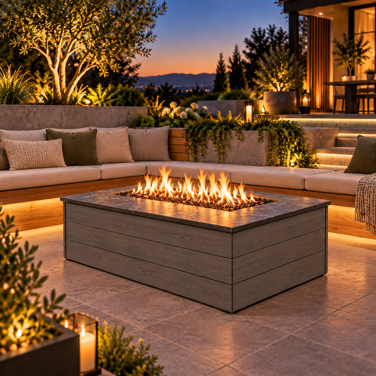 EZ Finish Firefly 48 x 32 rectangular fire pit with Espresso 140 horizontal cladding on a landscaped patio at dusk.