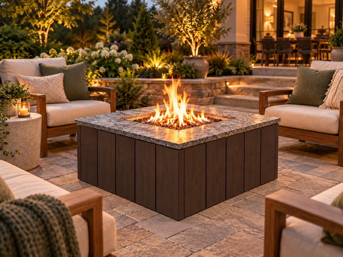 Firefly 36-inch square fire pit with Espresso 140 cladding on a landscaped outdoor patio