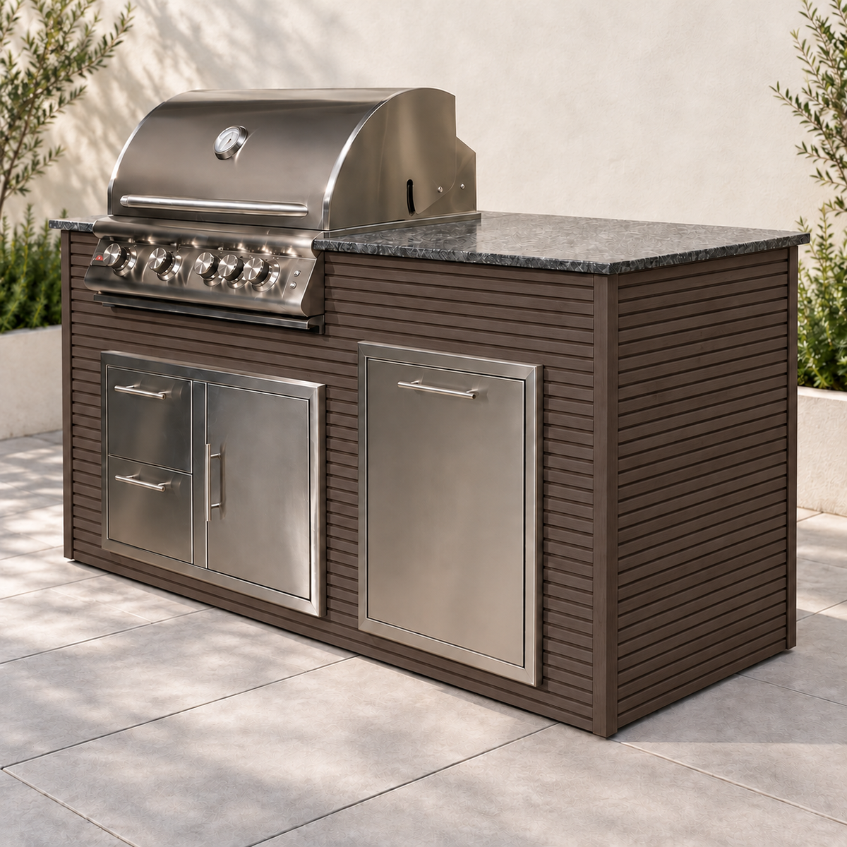 Firefly 6 ft outdoor kitchen island in Espresso 2+2 aluminum cladding, shown with a stainless steel grill, doors, drawers, and dark countertop.