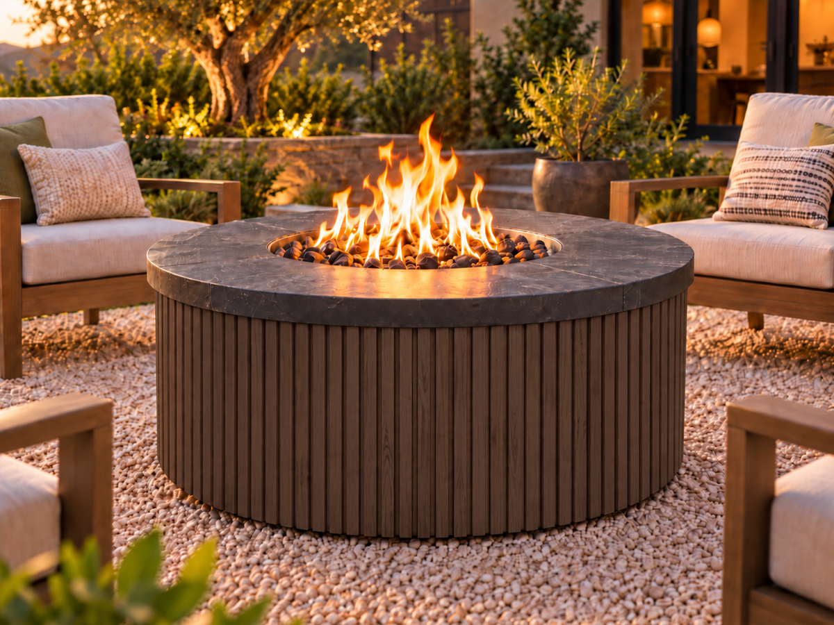 EZ Finish Firefly 48-inch round fire pit with Universal 2+2 aluminum cladding in Espresso finish, shown lit in an outdoor patio setting.