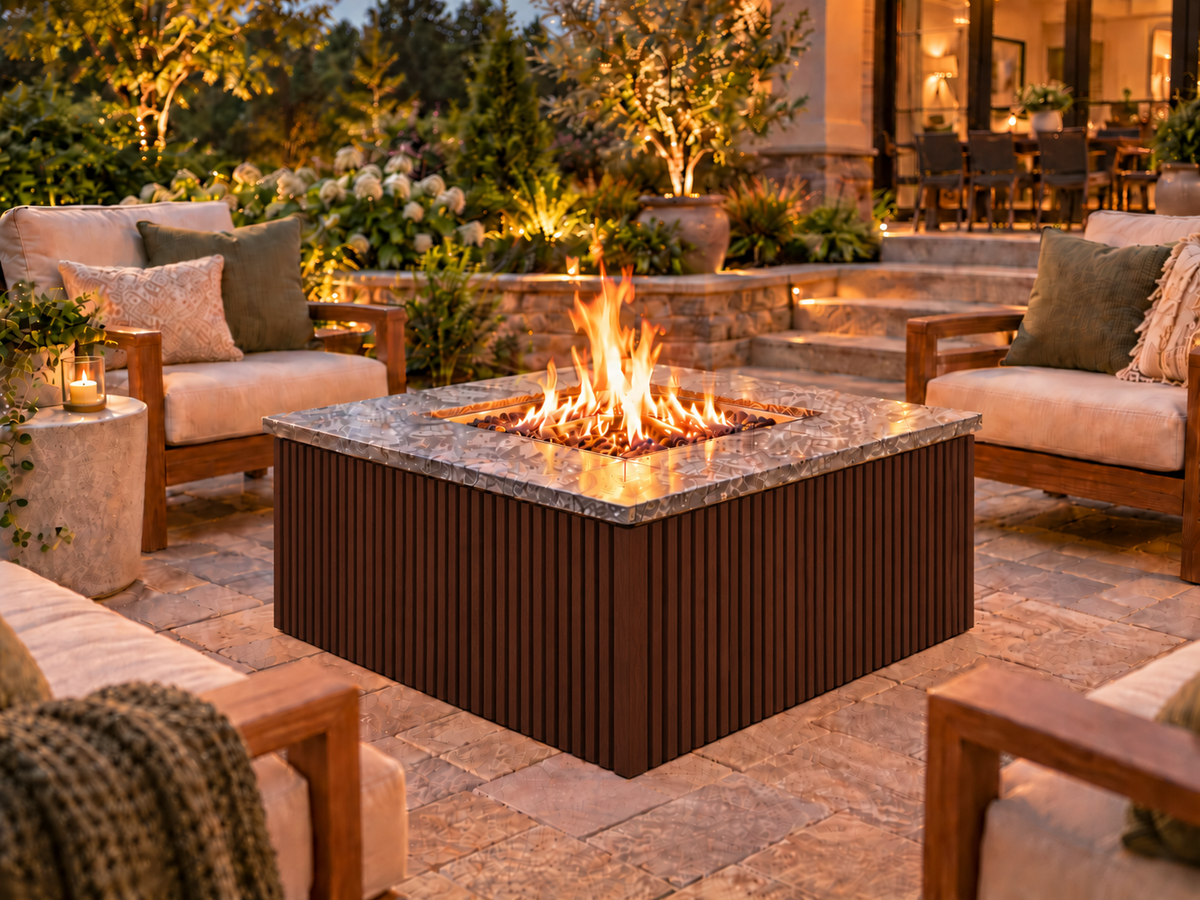Firefly 36-inch square fire pit with Espresso 2+2 cladding on a landscaped outdoor patio