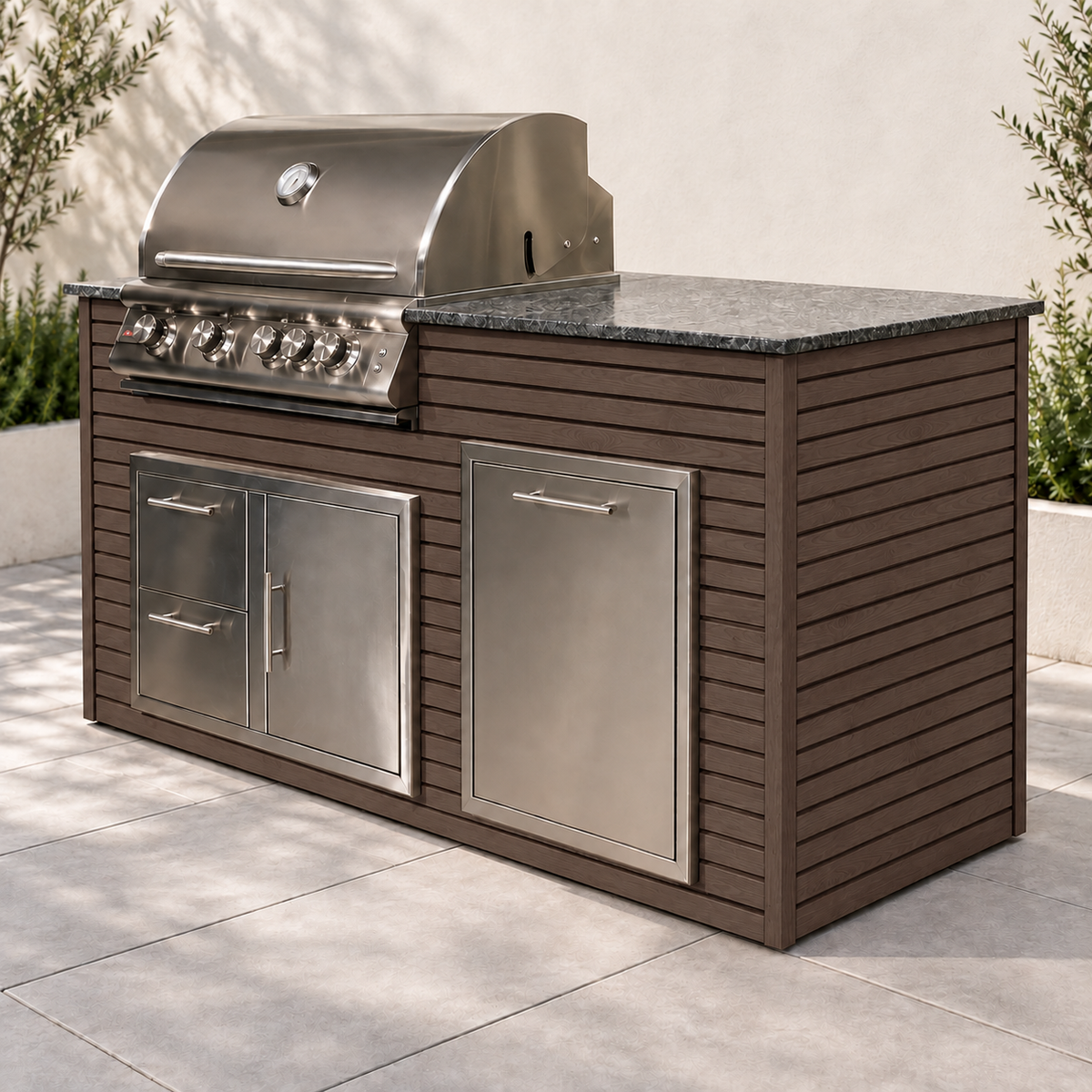 Firefly 6 ft outdoor kitchen island in Espresso 4+4 aluminum cladding, shown with a stainless steel grill, doors, drawers, and dark countertop.