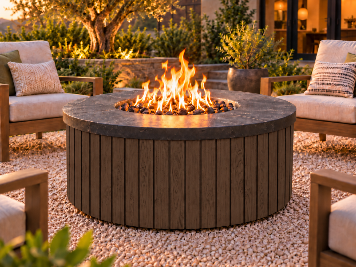 EZ Finish Firefly 48-inch round fire pit with Universal 4+4 aluminum cladding in Espresso finish, shown lit in an outdoor patio setting.