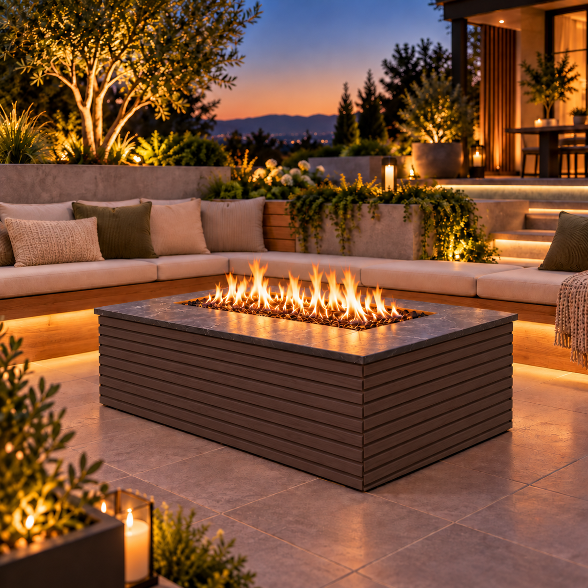 EZ Finish Firefly 48 x 32 rectangular fire pit with Espresso 4+4 horizontal cladding on a landscaped patio at dusk.