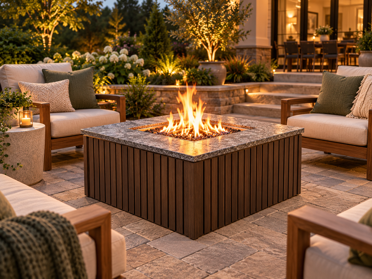 Firefly 36-inch square fire pit with Espresso 4+4 cladding on a landscaped outdoor patio