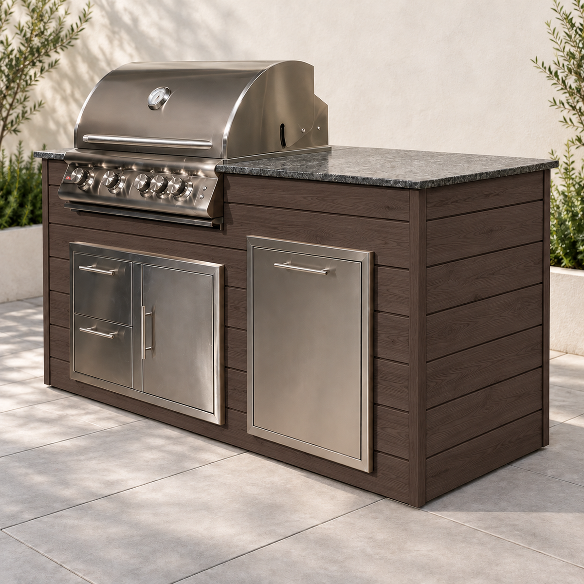 Firefly 6 ft outdoor kitchen island in Espresso 140 aluminum cladding, shown with a stainless steel grill, doors, drawers, and dark countertop.