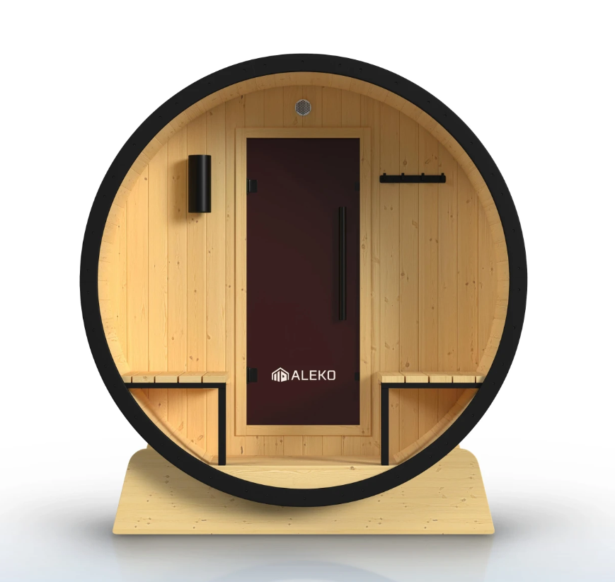 ALEKO Celasia 2–4 Person Outdoor Barrel Sauna front view with Finland pine construction, black trim, tinted door, and front porch seating