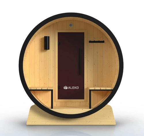 ALEKO Celasia 2–4 Person Outdoor Barrel Sauna front view with Finland pine construction, black trim, tinted door, and front porch seating