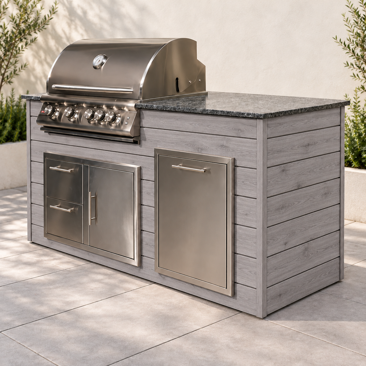 Firefly 6 ft outdoor kitchen island in Grey 140 aluminum cladding, shown with a stainless steel grill, doors, drawers, and dark countertop.