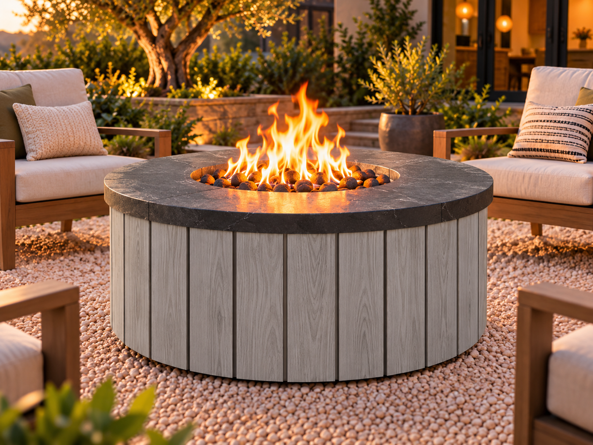 EZ Finish Firefly 48-inch round fire pit with Universal 140 aluminum cladding in Grey finish, shown lit in an outdoor patio setting.