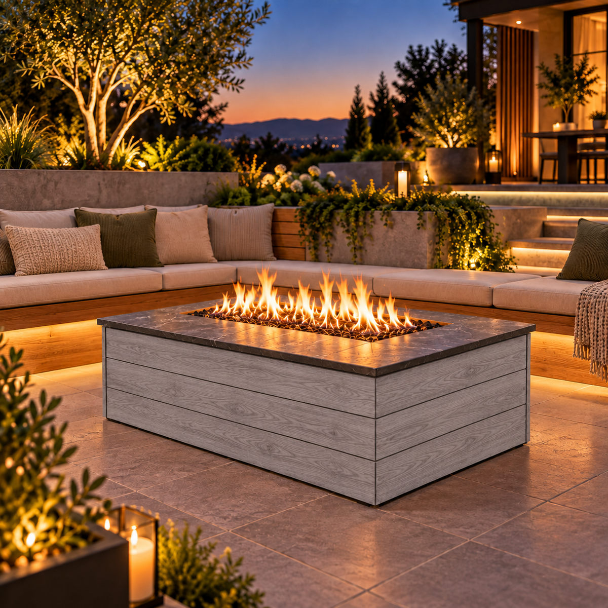 EZ Finish Firefly 48 x 32 rectangular fire pit with Grey 140 horizontal cladding on a landscaped patio at dusk.