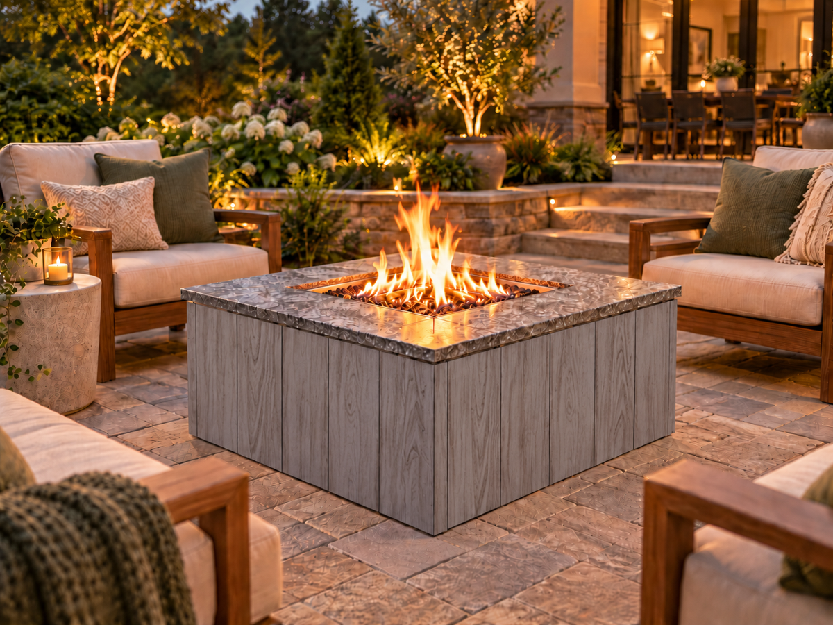 Firefly 36-inch square fire pit with Grey 140 cladding on a landscaped outdoor patio