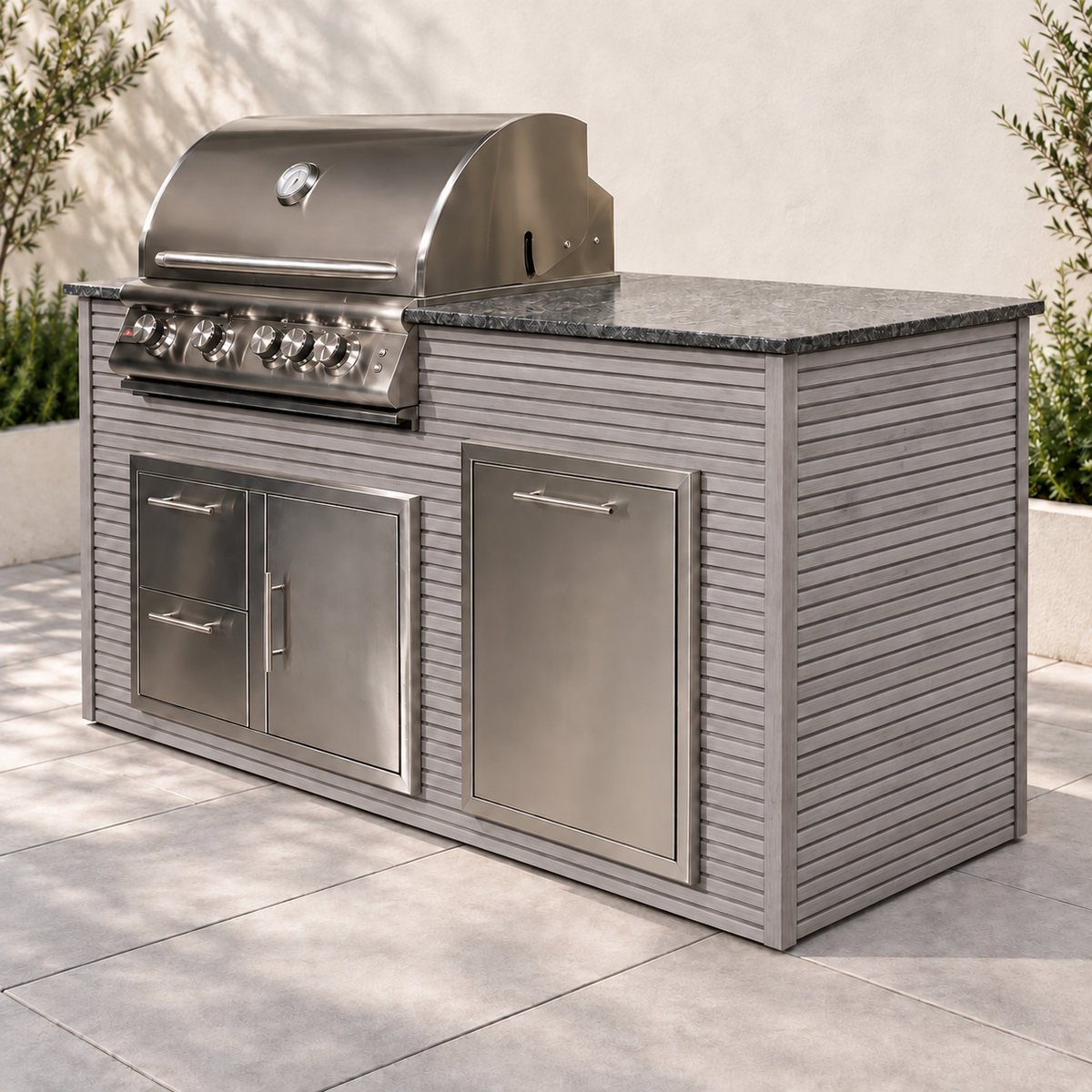 Firefly 6 ft outdoor kitchen island in Grey2+2 aluminum cladding, shown with a stainless steel grill, doors, drawers, and dark countertop.