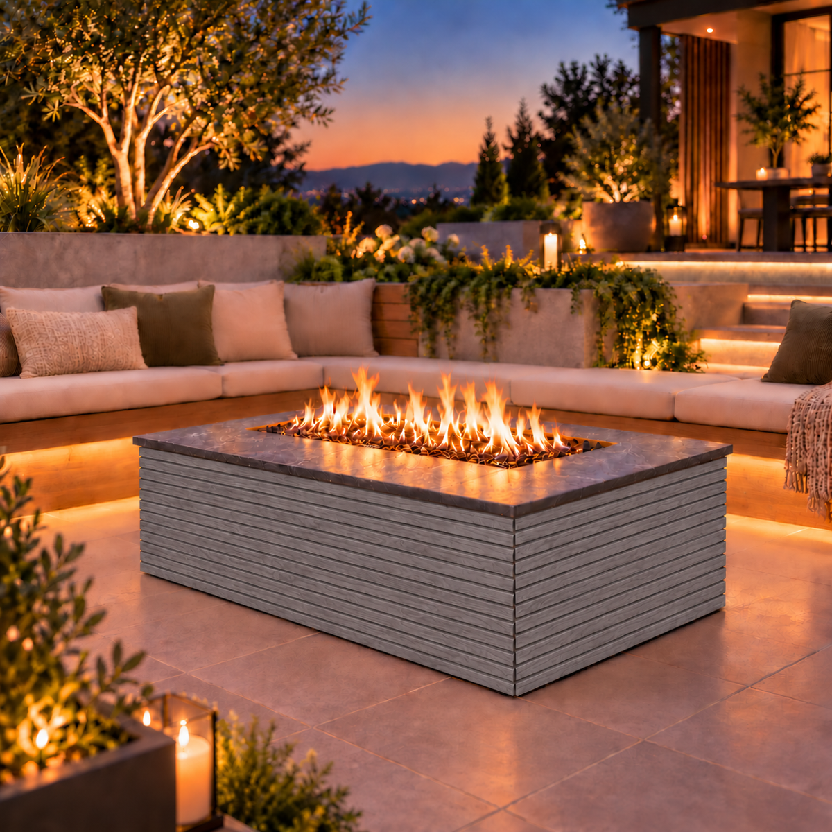 EZ Finish Firefly 48 x 32 rectangular fire pit with Grey 2+2 horizontal cladding on a landscaped patio at dusk.