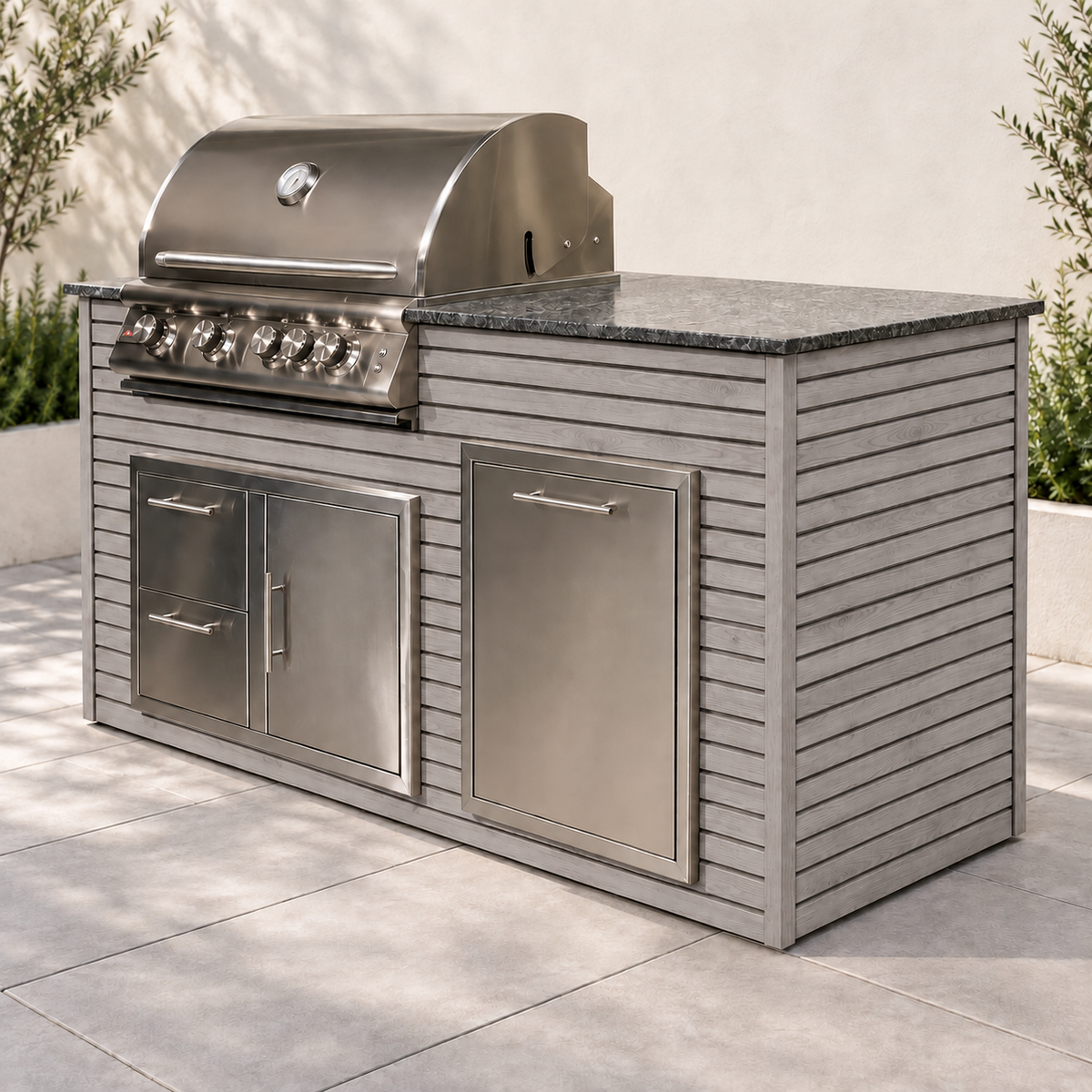 Firefly 6 ft outdoor kitchen island in Grey 4+4 aluminum cladding, shown with a stainless steel grill, doors, drawers, and dark countertop.