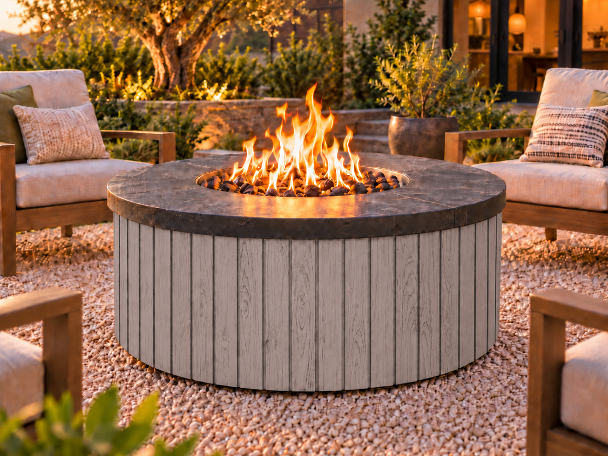 EZ Finish Firefly 48-inch round fire pit with Universal 4+4 aluminum cladding in Grey finish, shown lit in an outdoor patio setting.
