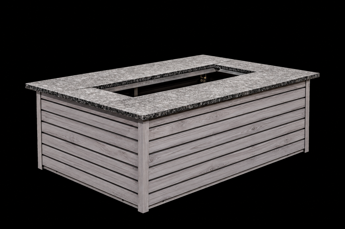 EZ Finish Firefly rectangular fire pit enclosure with grey horizontal aluminum cladding and stone top on a black background.