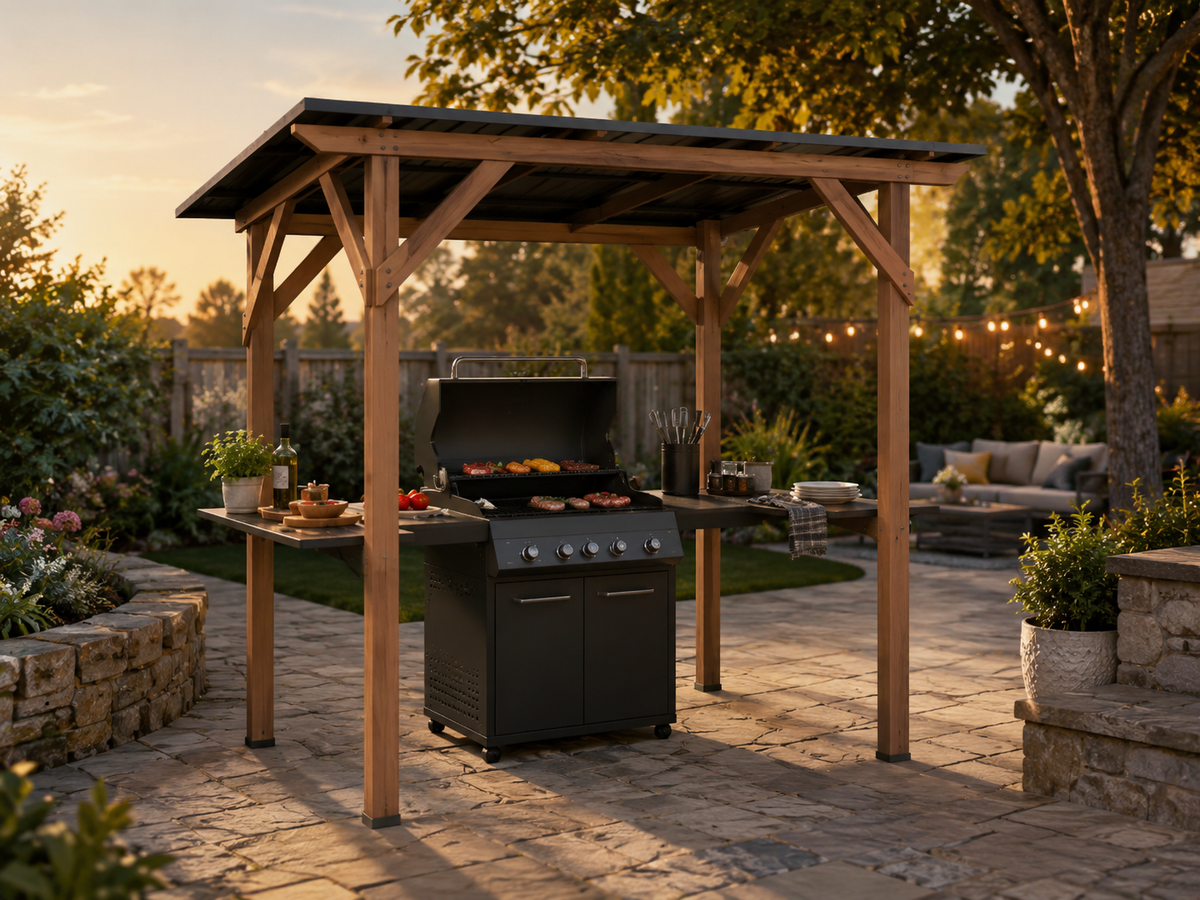 Cedar wood grill gazebo with metal roof, built-in serving shelves, and gas grill in a landscaped backyard at sunset