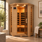 HeatWave Hudson Bay 3-person cedar corner infrared sauna in a bright home interior