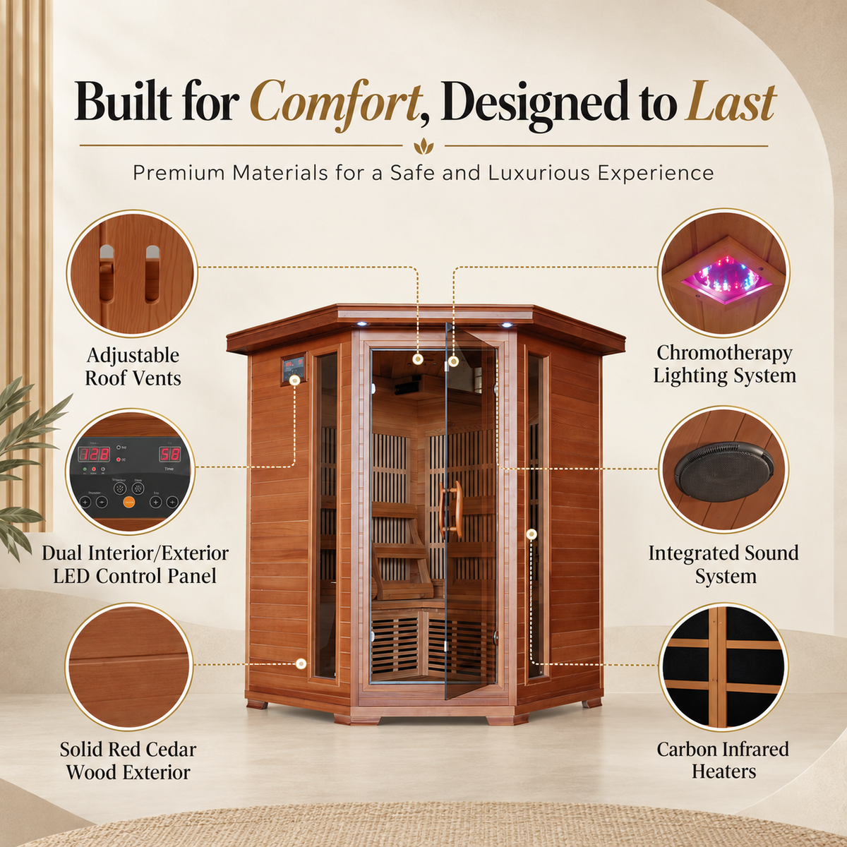 HeatWave Hudson Bay 3-person cedar infrared sauna premium features including chromotherapy, sound system, roof vents, and carbon heaters