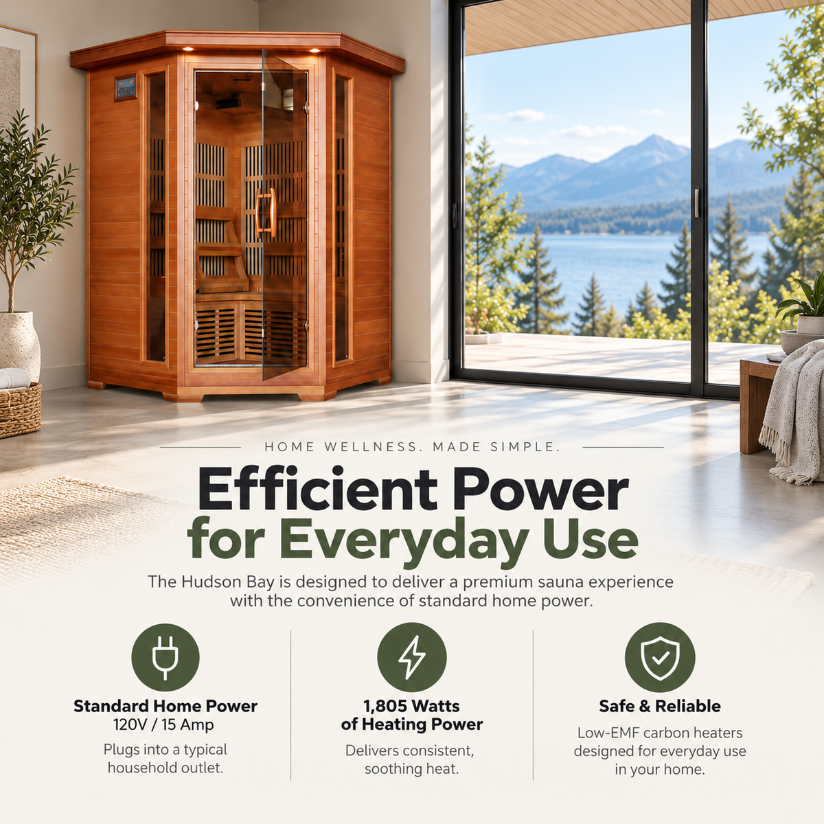HeatWave Hudson Bay 3-person infrared sauna efficient power graphic showing 120V, 15-amp operation and 1,805 watts of heating power