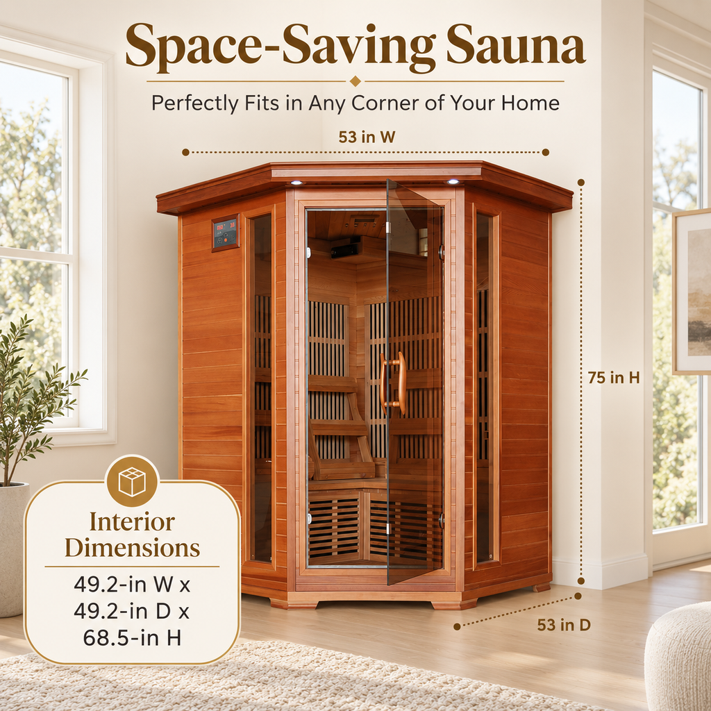 HeatWave Hudson Bay 3-person corner infrared sauna dimensions showing 53-inch width, 53-inch depth, and 68.5-inch interior height