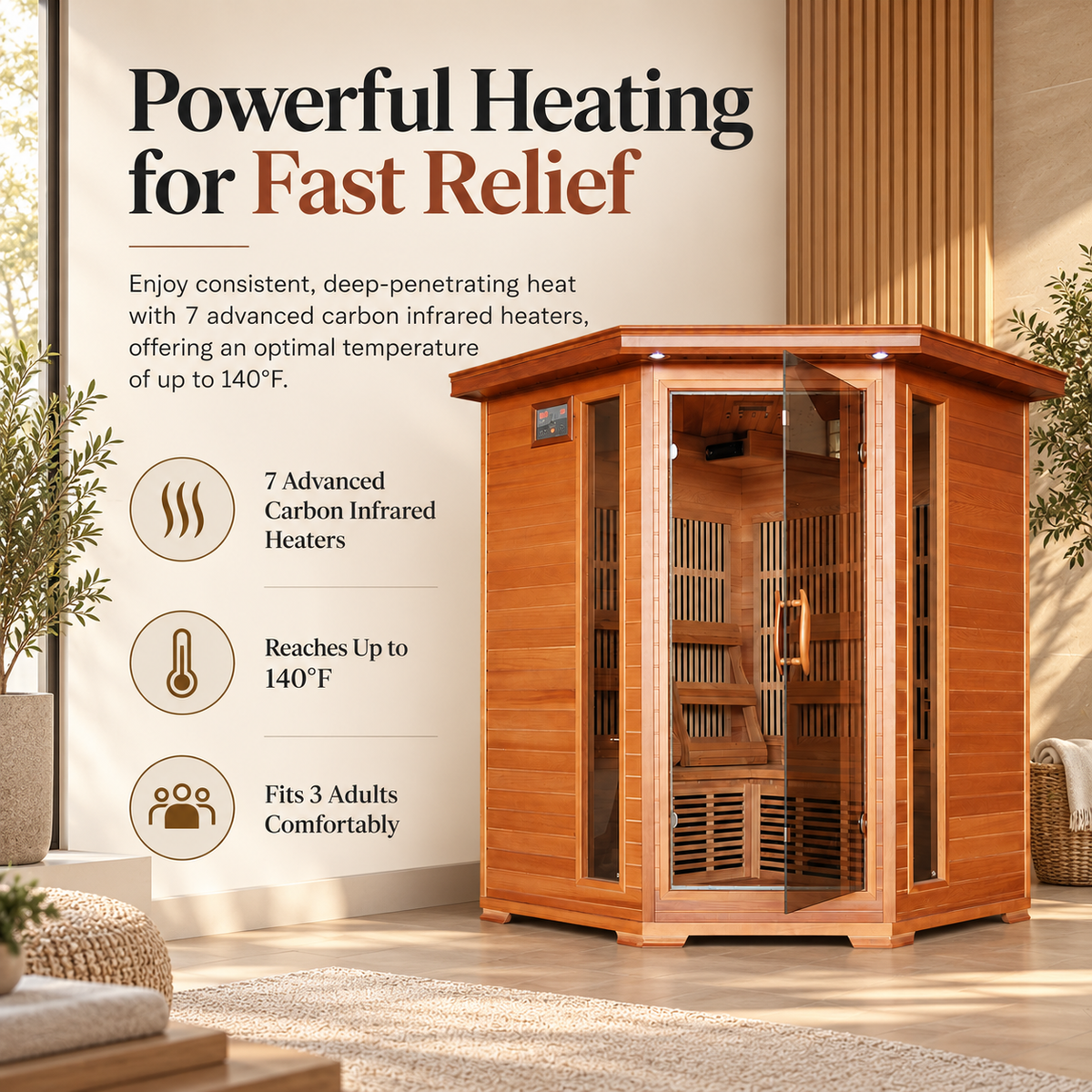 HeatWave Hudson Bay 3-person infrared sauna with 7 carbon heaters, up to 140°F heat, and seating for three adults