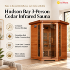 HeatWave Hudson Bay 3-person cedar corner infrared sauna feature graphic with 7 low-EMF carbon heaters and Canadian red cedar construction
